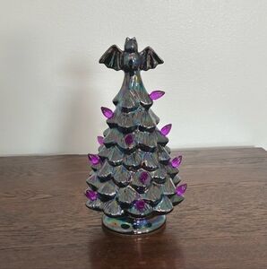 Iridescent Tree Halloween with Purple Lights/Led Bat 🦇Ceramic Black Silk Tree🦇